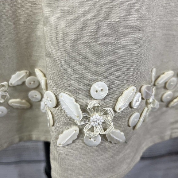 Willi Smith Skirt 8 Tan Stone Linen Knee A Line Ribbon Flowers Buttons Wedding - Picture 6 of 10